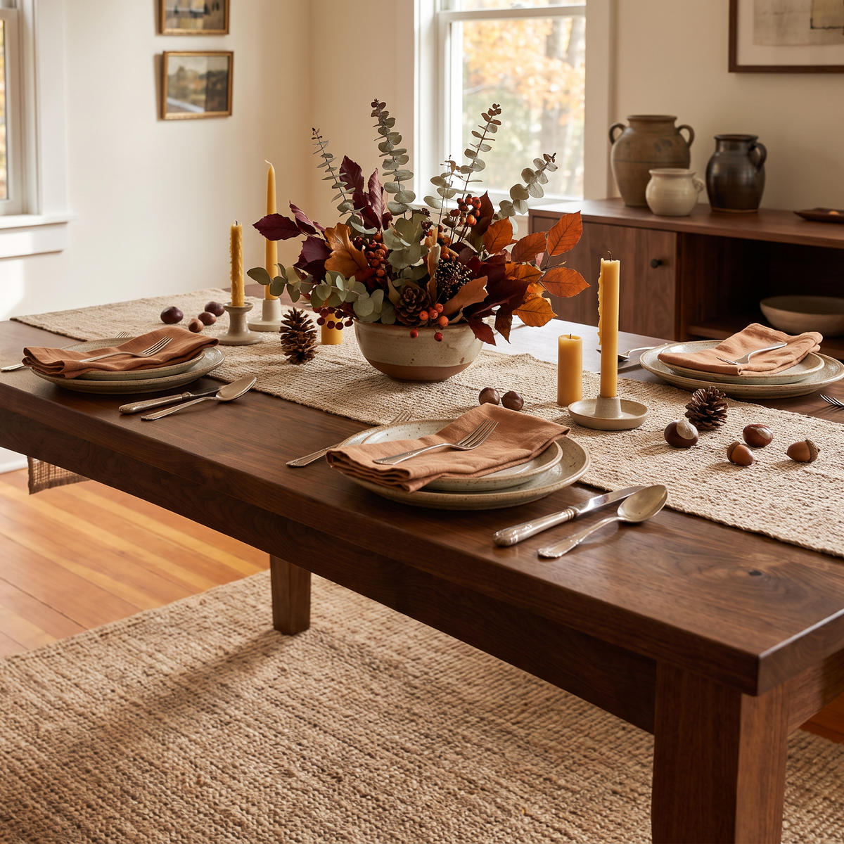 Solid walnut farmhouse dining table set for a fall dinner with candles and a linen runner (styled scene)