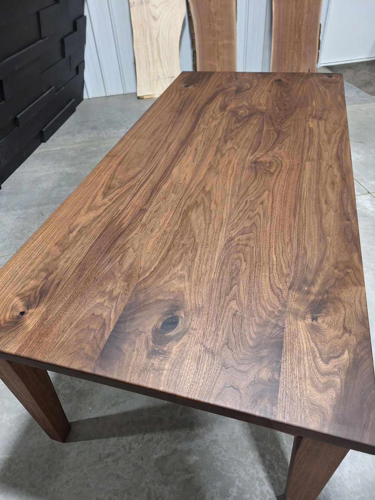 Close-up of the walnut farmhouse table top grain and color