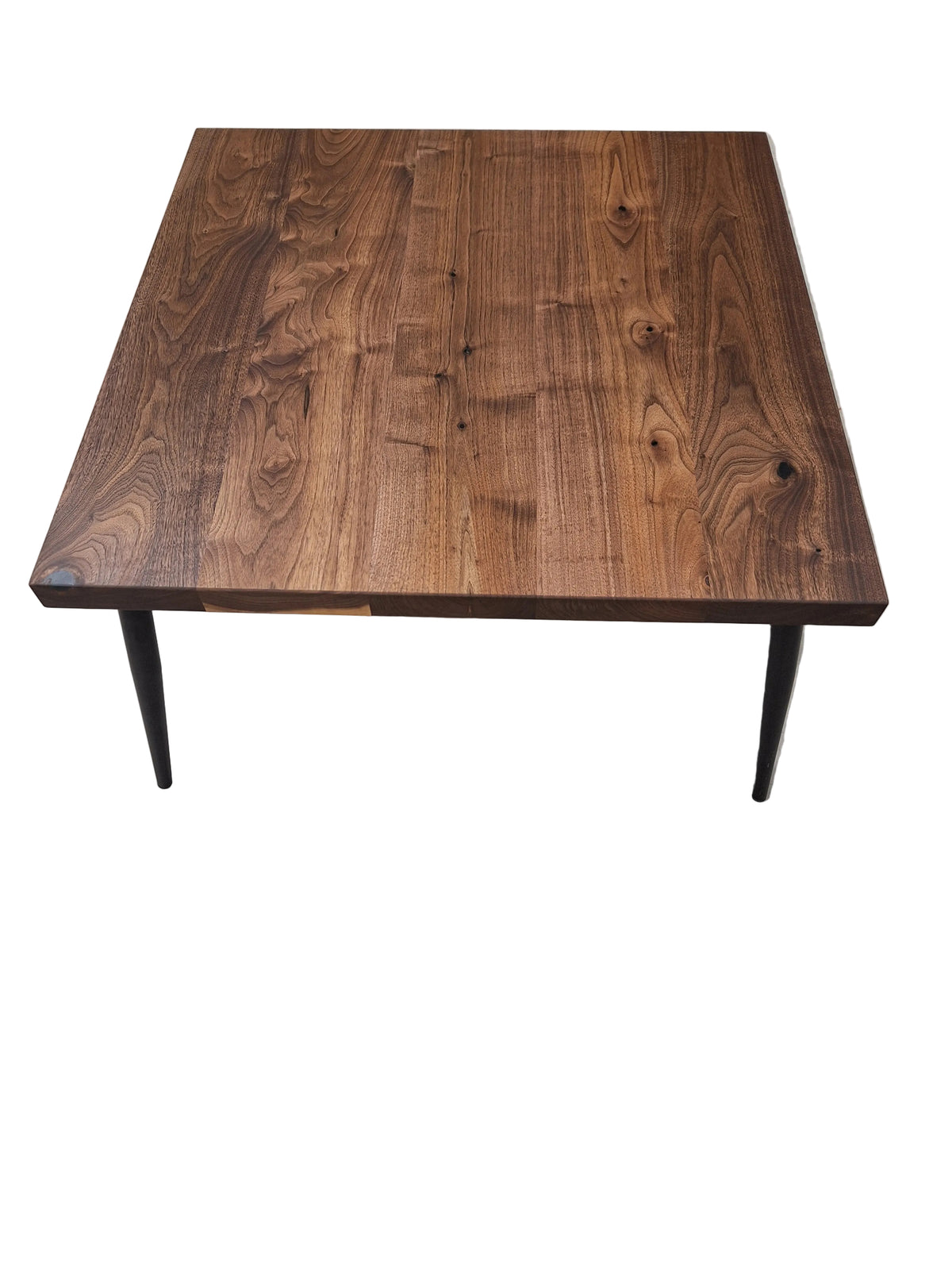 Square solid walnut side table with tapered black metal legs