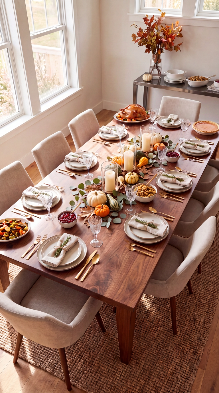 Walnut farmhouse dining table set for a holiday dinner for ten (styled scene)