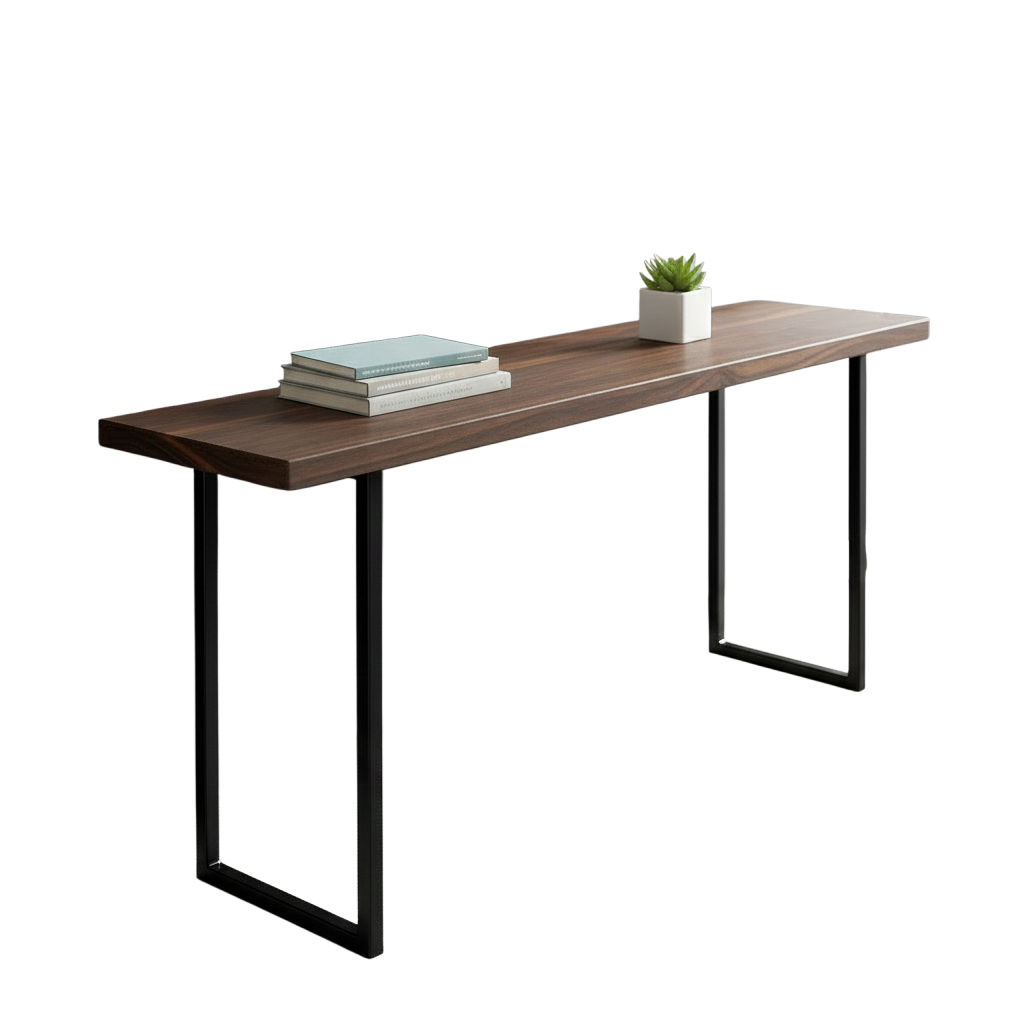 Solid walnut console table with black metal legs