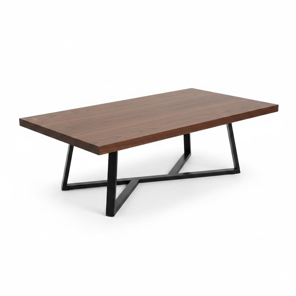 Solid walnut coffee table with black metal X-base legs