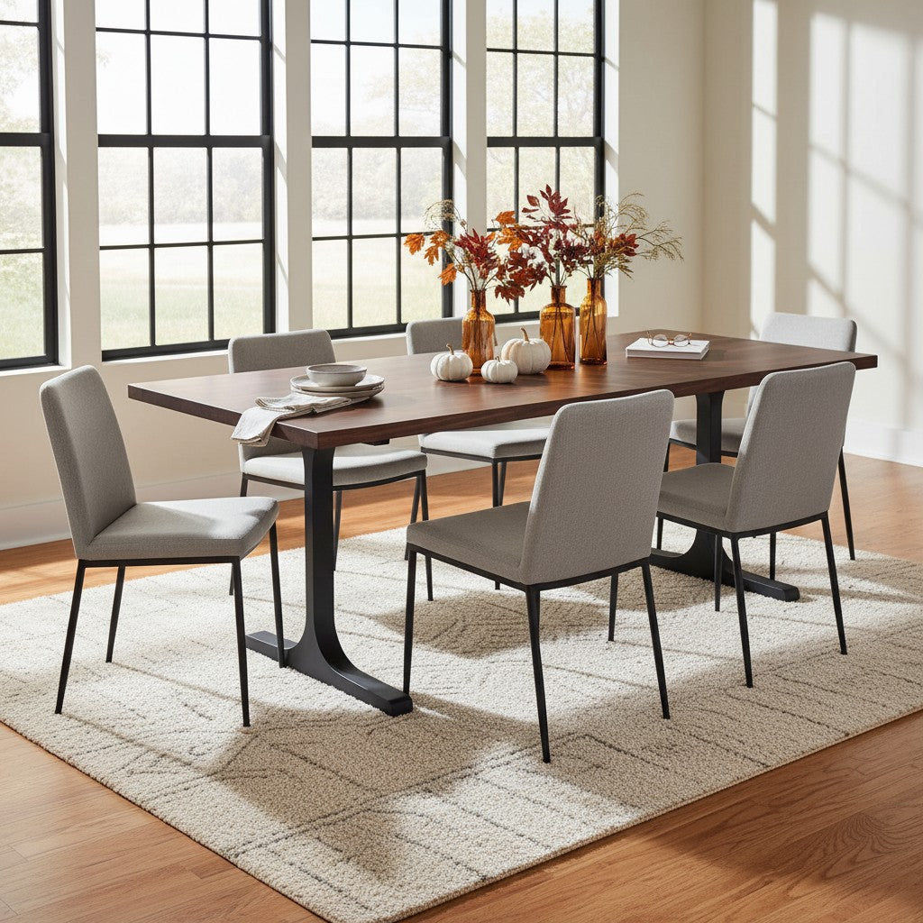 Solid walnut dining table with black metal base and gray upholstered chairs (styled scene)