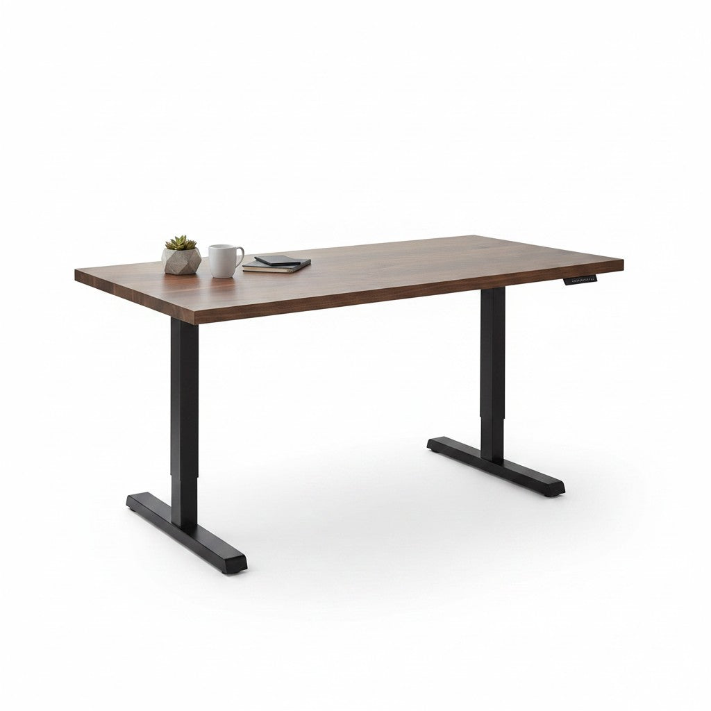 Solid walnut standing desk top on a black electric sit-stand frame
