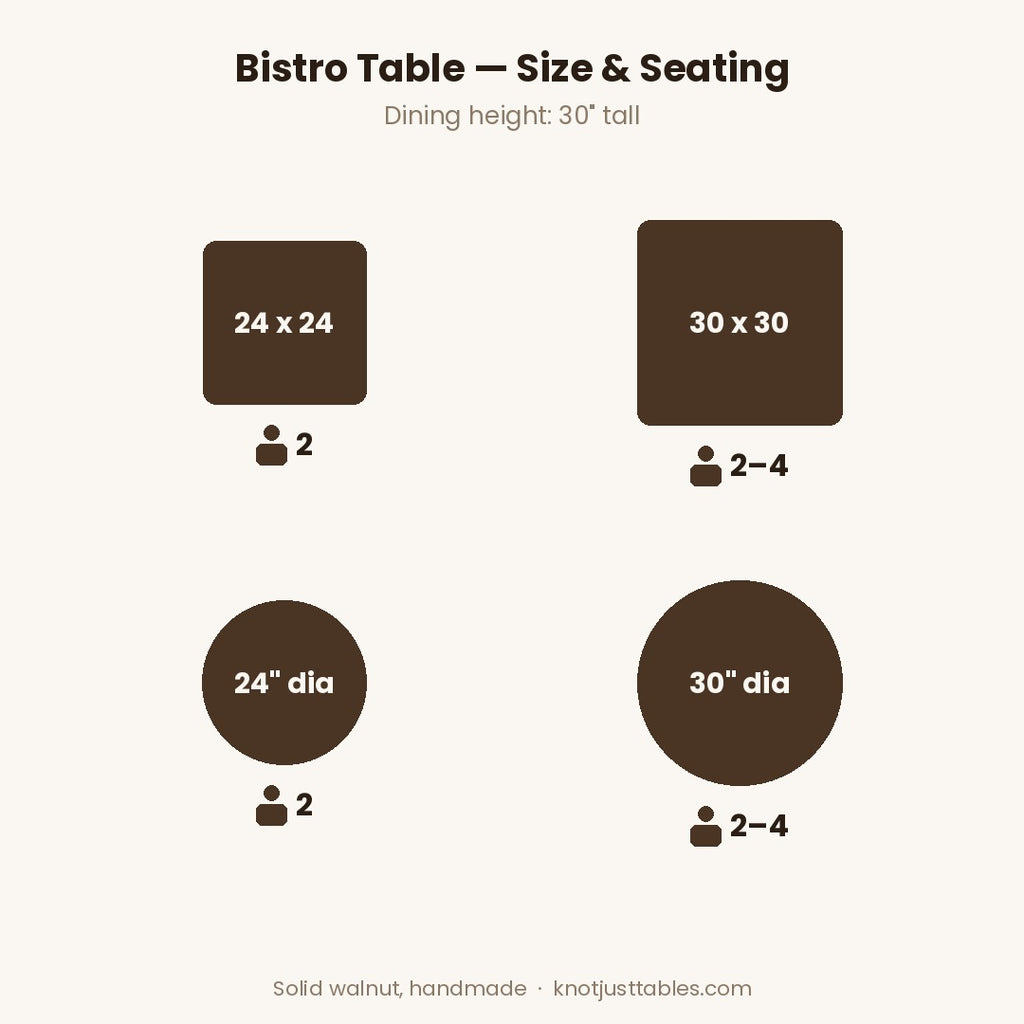 Solid Walnut Bistro Table: 24" or 30", Square or Round