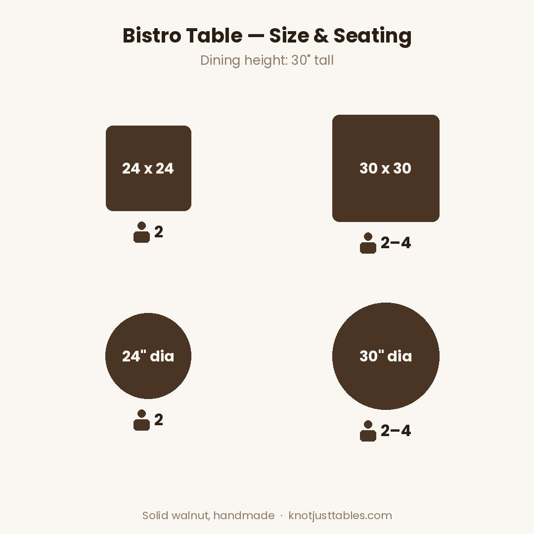 Solid Walnut Bistro Table: 24" or 30", Square or Round