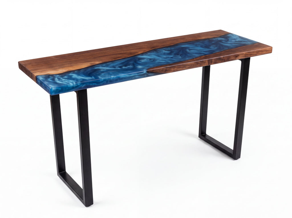 Solid walnut console table with blue epoxy river, one of a kind No. 1. Photo of the actual top, legs and setting added digitally (photo 1)