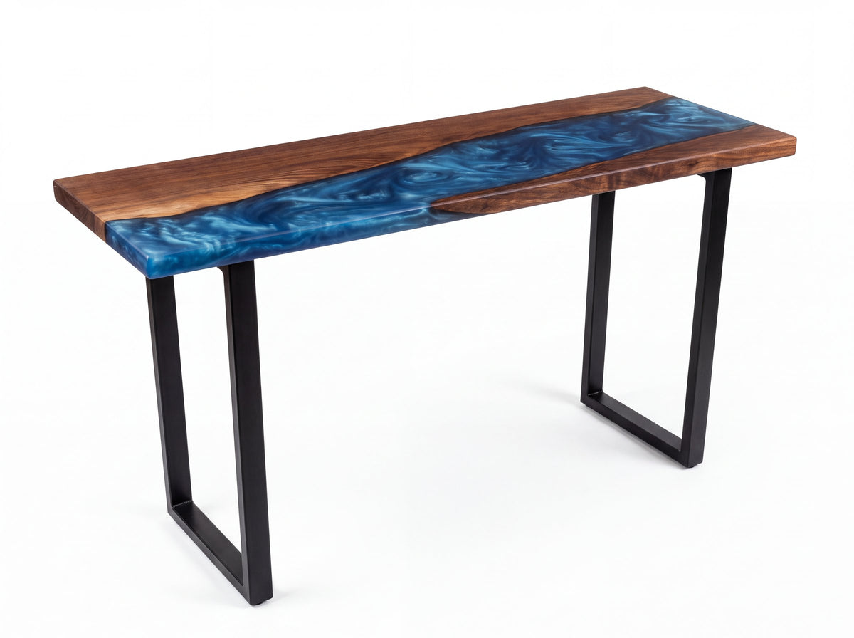 Solid walnut console table with blue epoxy river, one of a kind No. 1. Photo of the actual top, legs and setting added digitally (photo 1)