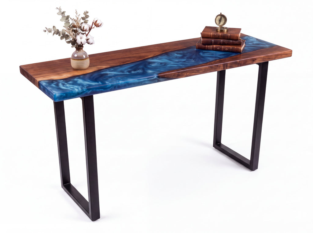 Solid walnut console table with blue epoxy river, one of a kind No. 1. Photo of the actual top, legs and setting added digitally (photo 2)