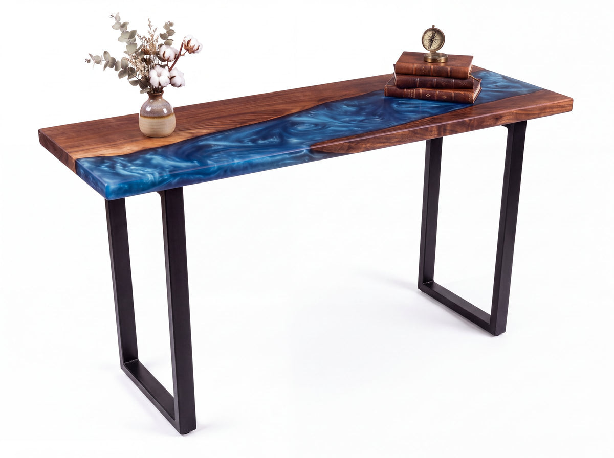 Solid walnut console table with blue epoxy river, one of a kind No. 1. Photo of the actual top, legs and setting added digitally (photo 2)