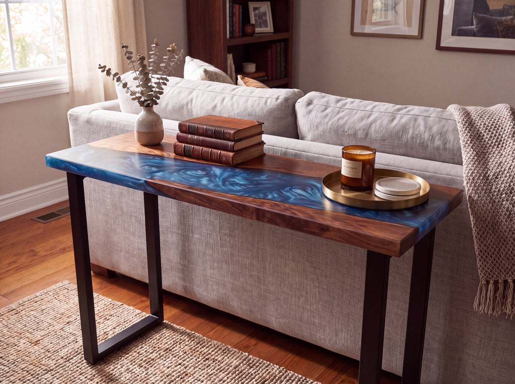 Solid walnut console table with blue epoxy river, one of a kind No. 1. Photo of the actual top, legs and setting added digitally (photo 3)