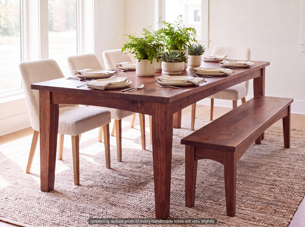 Solid walnut farmhouse dining table with matching all-wood farmhouse bench (rendering)