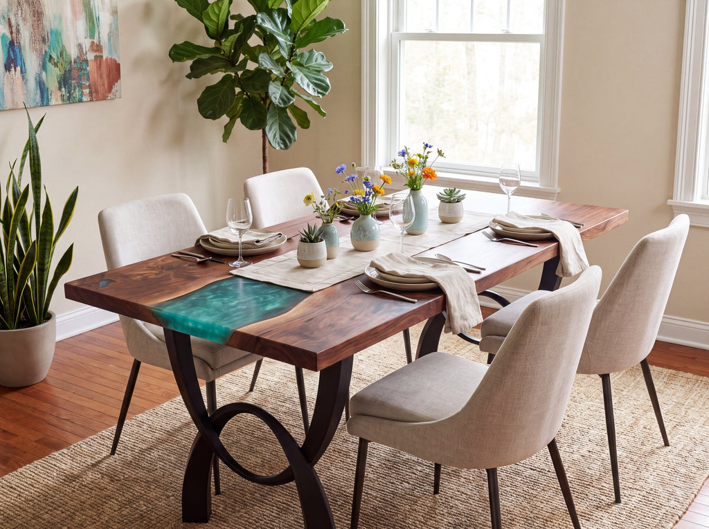Room image of this walnut river dining table, AI-edited from our shop photos
