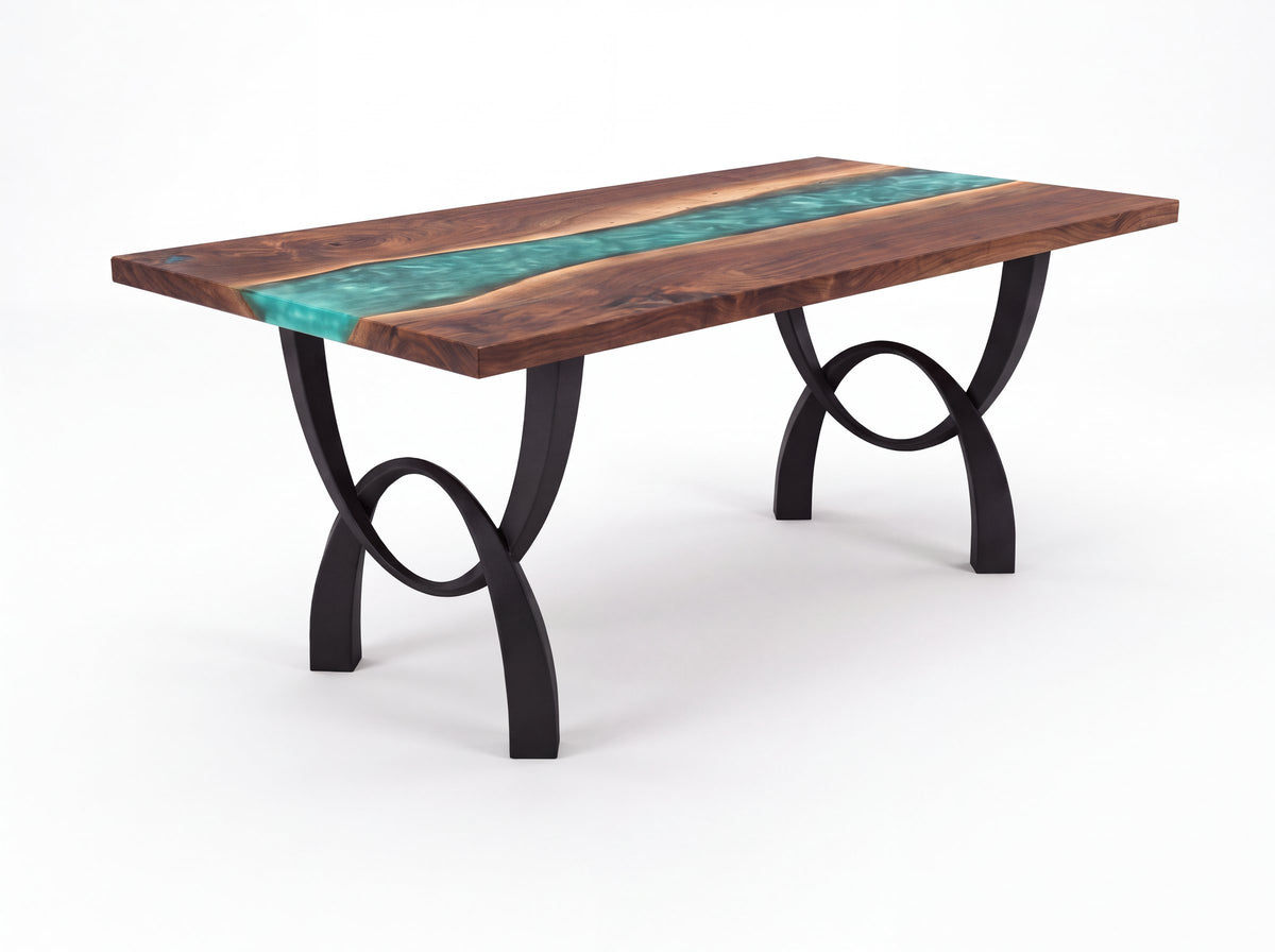 Studio-style image of this walnut river dining table, AI-edited from our shop photos
