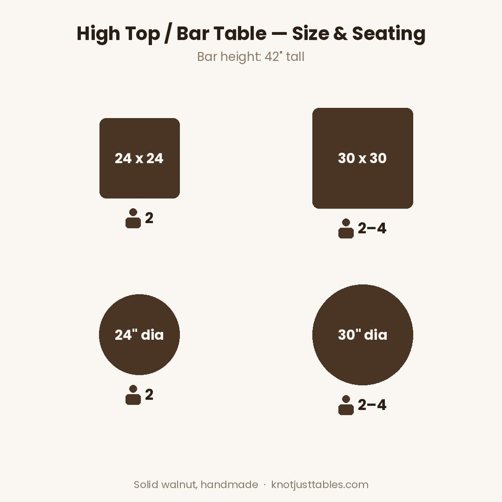 Solid Walnut High Top Bar Table: 42" Bar Height, 5 Sizes