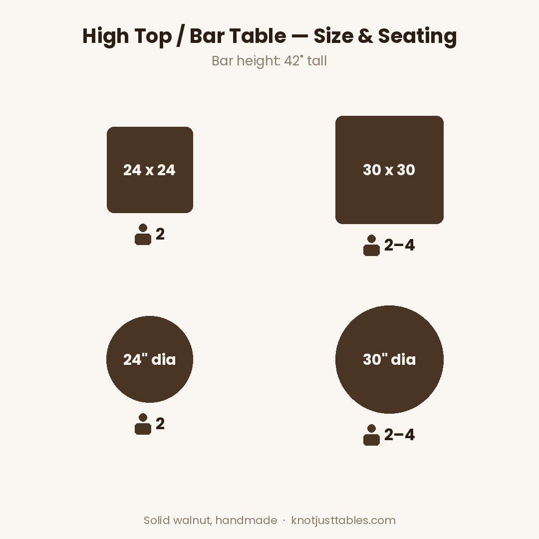 Solid Walnut High Top Bar Table: 42" Bar Height, 5 Sizes