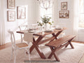 Walnut trestle dining table and bench with white chairs in a farmhouse dining room (rendering)