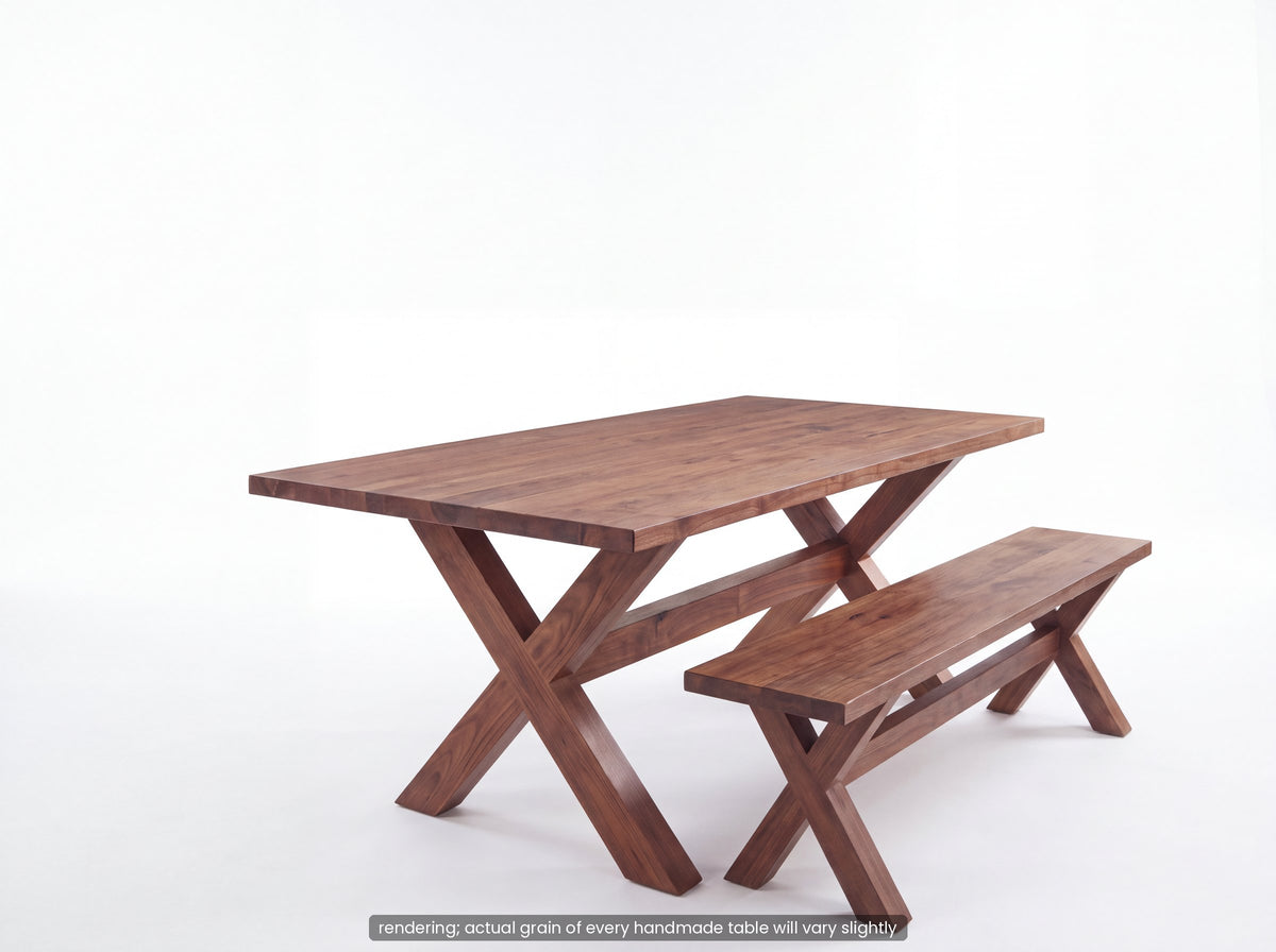 Solid walnut trestle bench, shown with the matching trestle dining table (rendering)