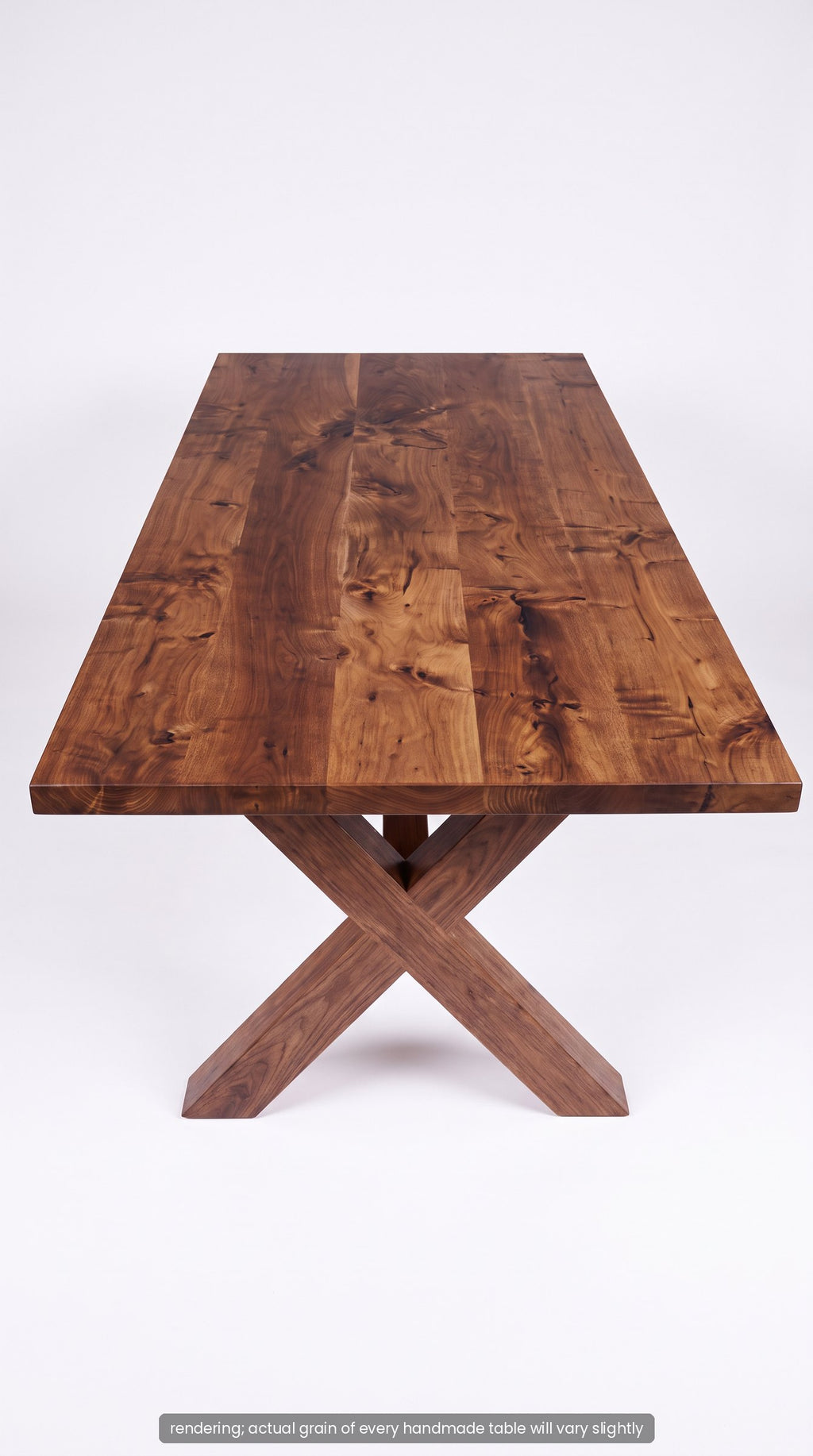 End view of the walnut trestle dining table showing the X-base legs (rendering)