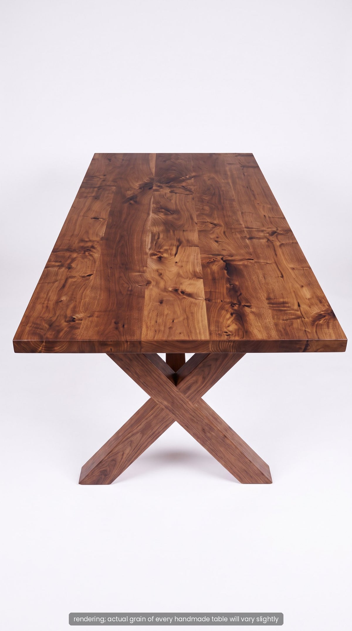 End view of the walnut trestle dining table showing the X-base legs (rendering)