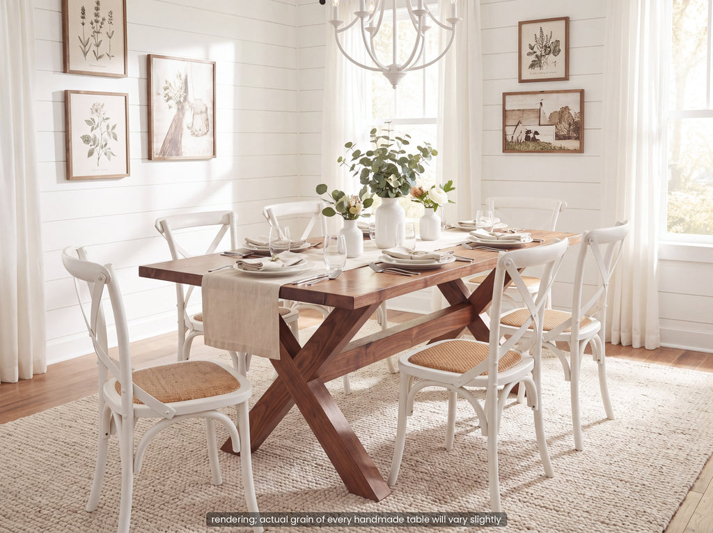 Solid walnut trestle dining table with white chairs in a bright farmhouse dining room (rendering)