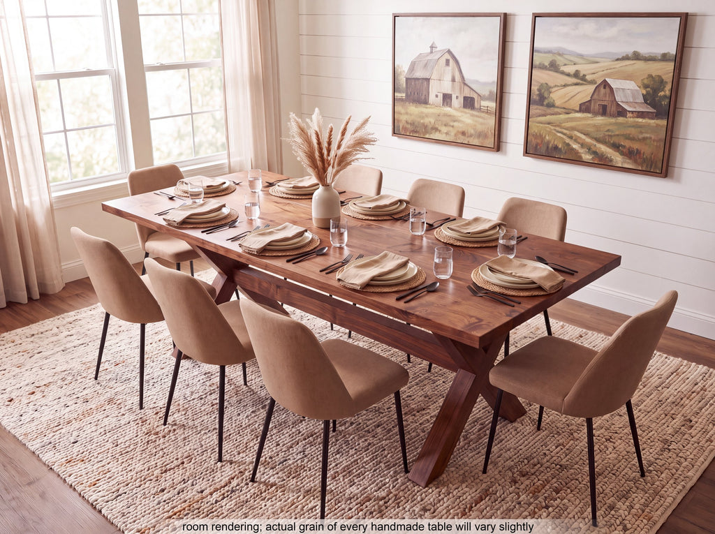 Walnut trestle dining table set for eight with upholstered chairs (rendering)
