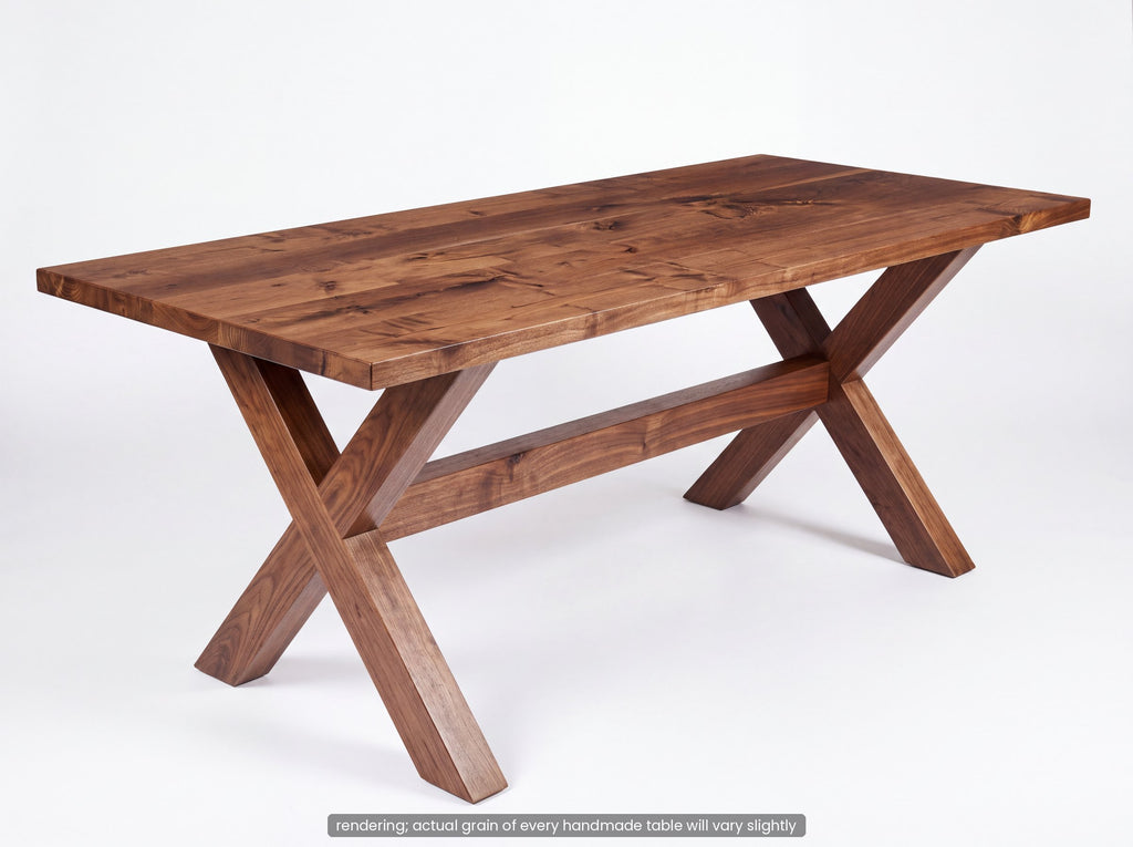 Solid walnut trestle dining table with crossed X-base legs on a white background (rendering)